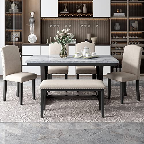 P PURLOVE Faux Marble Style 6 Piece Dining Table Set Marble Stickers MDF Top Kitchen Table with 4 Thicken Cushion Chairs and a Bench, for Home Living Room (White)