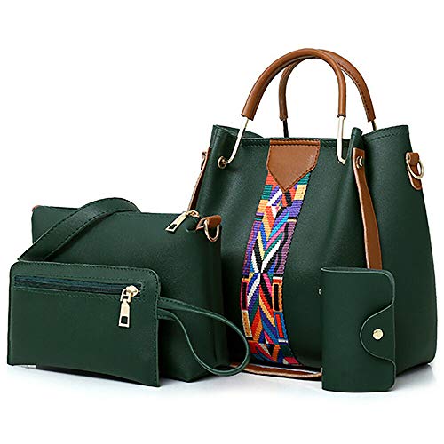 Women Fashion Handbags Wallet Tote Bag Shoulder Bag Top Handle Synthetic Leather Satchel Purse Set of 4 (Green)