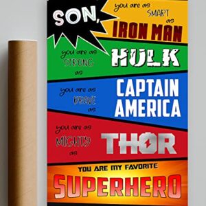 Son, You Are My Favorite Superhero - Artistic Typography Poster, Motivational Inspirational Quote Wall Art Print Great Decor for Kids Childs Bedroom Nursery Decor 16x24 Inch (Unframed)