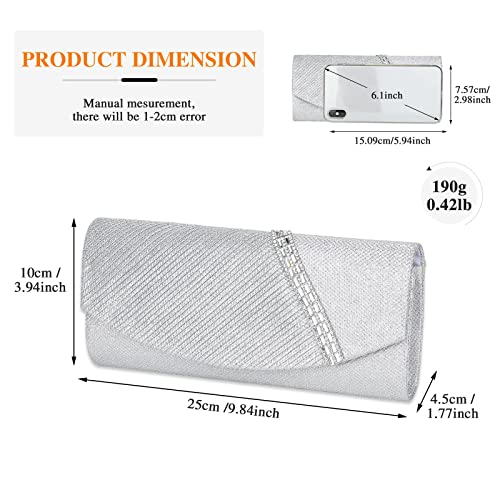 Pinprin Womens Evening Clutch Bag Ladies Envelope Handbag Prom Bridal Wedding Party Purse with Detachable Chain (C-Silver)