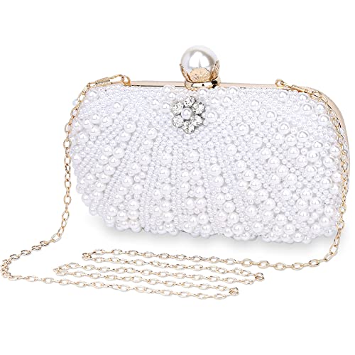 Selighting Pearl Beaded Cutch Purses for Women Evening Bags Formal Rhinestones Wedding Bridal Handbag Ladies Prom Party Purse White