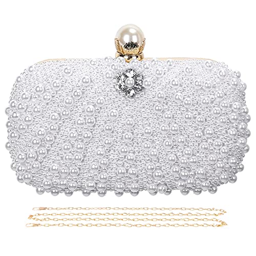 Selighting Pearl Beaded Cutch Purses for Women Evening Bags Formal Rhinestones Wedding Bridal Handbag Ladies Prom Party Purse White