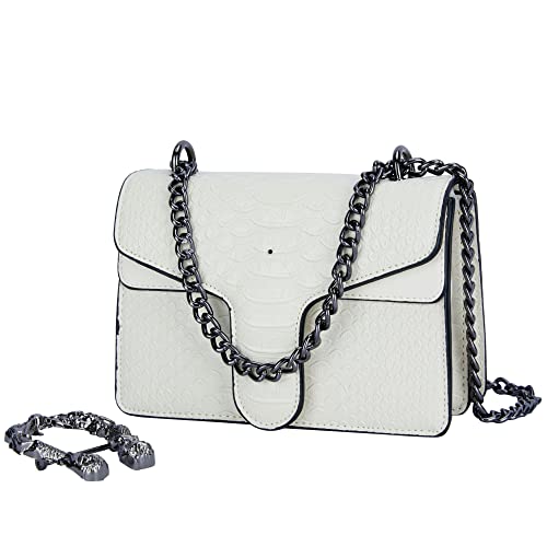 GLOD JORLEE Trendy Chain Crossbody Mini Bags for Women - Luxury Snake Printed Leather Shoulder Satchel Bag Evening Clutch Purse Handbags (off-white,Size:XS)