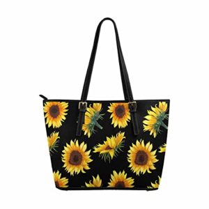 interestprint sun-flower, buds and leaves women’s pu leather handbags ladies shoulder bags tote bags