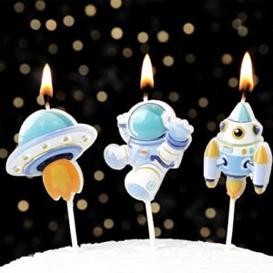 Spaceman Birthday Candles, Space Rocket Spacecraft Candles, Astronaut Theme Candles for Birthday Party Baby Shower - Set of 3