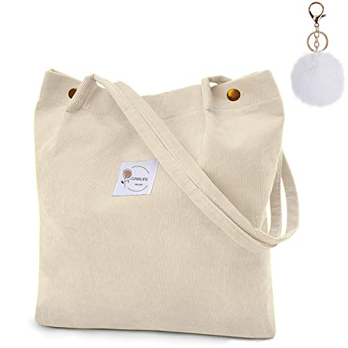 Thicken Corduroy Totes Bag Large Capacity Handbags Shoulder Bags Cord Tote Bag for Women Casual Bag for Work School Daily (Beige-CF)