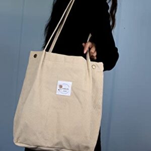 Thicken Corduroy Totes Bag Large Capacity Handbags Shoulder Bags Cord Tote Bag for Women Casual Bag for Work School Daily (Beige-CF)