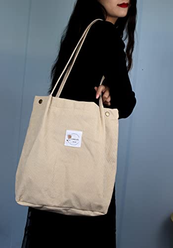 Thicken Corduroy Totes Bag Large Capacity Handbags Shoulder Bags Cord Tote Bag for Women Casual Bag for Work School Daily (Beige-CF)