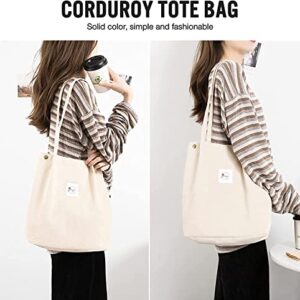 Thicken Corduroy Totes Bag Large Capacity Handbags Shoulder Bags Cord Tote Bag for Women Casual Bag for Work School Daily (Beige-CF)