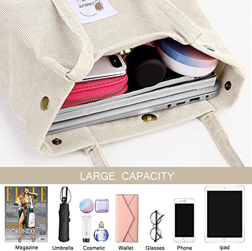 Thicken Corduroy Totes Bag Large Capacity Handbags Shoulder Bags Cord Tote Bag for Women Casual Bag for Work School Daily (Beige-CF)