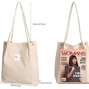 Thicken Corduroy Totes Bag Large Capacity Handbags Shoulder Bags Cord Tote Bag for Women Casual Bag for Work School Daily (Beige-CF)