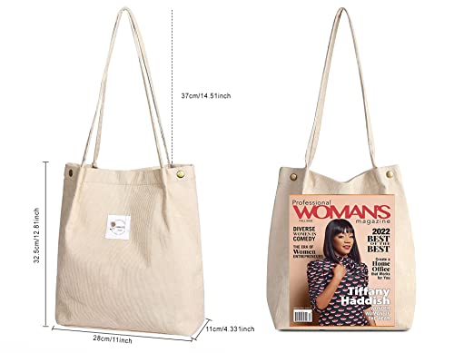 Thicken Corduroy Totes Bag Large Capacity Handbags Shoulder Bags Cord Tote Bag for Women Casual Bag for Work School Daily (Beige-CF)