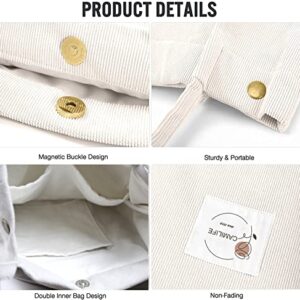 Thicken Corduroy Totes Bag Large Capacity Handbags Shoulder Bags Cord Tote Bag for Women Casual Bag for Work School Daily (Beige-CF)