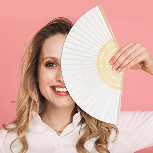 FEPITO 65 Pieces White Handheld Paper Fan Paper Folding Fans with Bamboos for Wedding Gift, Party, Home, DIY