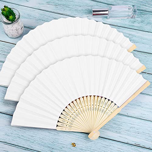 FEPITO 65 Pieces White Handheld Paper Fan Paper Folding Fans with Bamboos for Wedding Gift, Party, Home, DIY