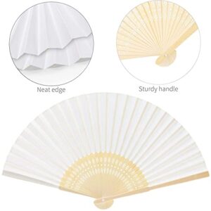 FEPITO 65 Pieces White Handheld Paper Fan Paper Folding Fans with Bamboos for Wedding Gift, Party, Home, DIY