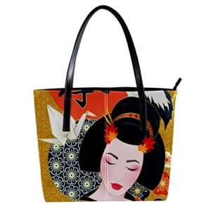 Japanese Geisha Crane Cherry Flowers Leather Tote Shoulder Bag for Women Satchel Handbag