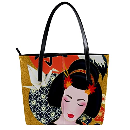 Japanese Geisha Crane Cherry Flowers Leather Tote Shoulder Bag for Women Satchel Handbag