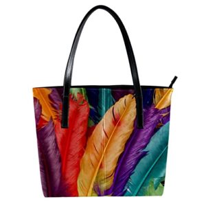 large leather tote bag colorful feather pattern handbag for office college school