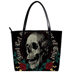 Large Leather Handbags for Women Cool Rock in Roll Skull Rose Floral Top Handle Shoulder Satchel Hobo Bag