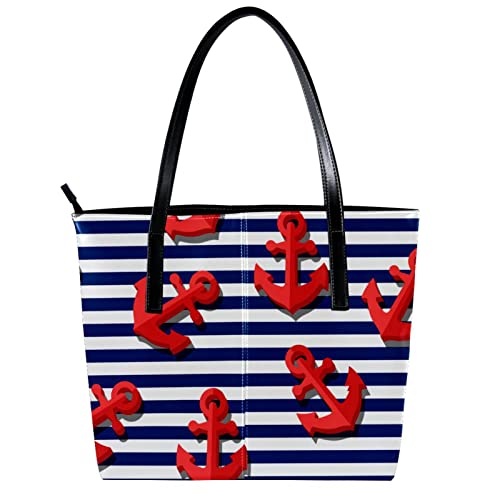 Large Leather Handbags for Women Nautical Ocean Stripe Anchor Top Handle Shoulder Satchel Hobo Bag