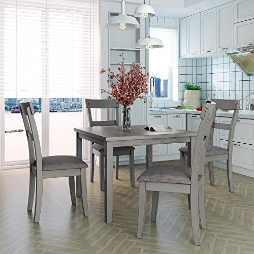 Merax Wooden Dining Table Set Retro Style Kitchen Table Set 5 Piece Table Set for 4, Table and 4 Chairs Home Kitchen Furniture Dinette Set,Gray