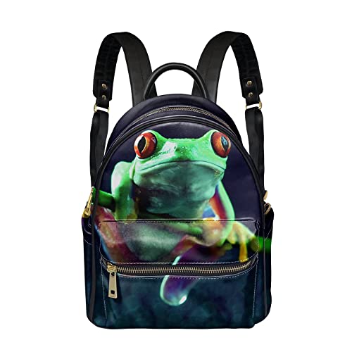 GLENLCWE Frog Print Women Mini Leather Backpack,Cute Animal Design Mini Backpack Travel Backpack Anti Theft for Teens Adults