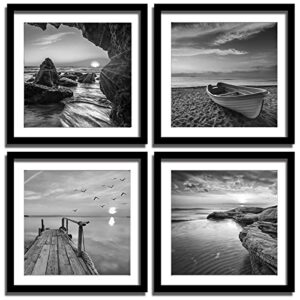 hzsyf black and white wall art – 12×12 inches sea and beach in sunrise prints wooden framed pictures seascape artwork 4 panels 12 x 12 inch