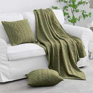 milvowoc olive green throw blanket and pillow covers set, 50″ x 60″ cable knit throw blanket + 2 pieces 18″ x 18″ knitted throw pillowscase, decorative throw blankets knitted blanket for sofa couch