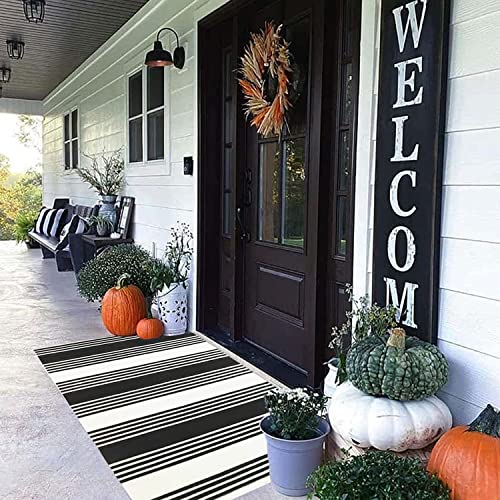 KaHouen Black and White Striped Outdoor Rug 27.5 x 43 Inches, Hand-Woven Reversible Foldable Washable Outdoor Rug Stripe for Layered Door Mats Porch/Front Door