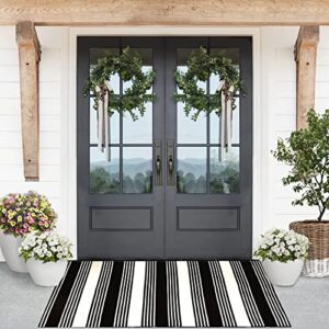 KaHouen Black and White Striped Outdoor Rug 27.5 x 43 Inches, Hand-Woven Reversible Foldable Washable Outdoor Rug Stripe for Layered Door Mats Porch/Front Door