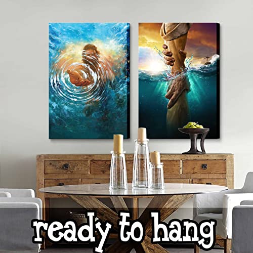 2 Pcs Framed Jesus wall art The Hand of God Jesus Reaching Into Water Christ Religion Canvas Wall Decor Blue Ocean Bible Pictures Posters Prints Paintings for Living Room Bedroom Church Decorations Ready to Hang