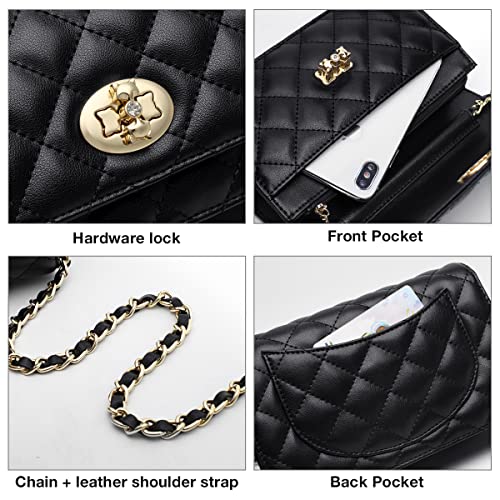 FOXLOVER Women’s Mini Crossbody Bags Purses Quilted Chain Shoulder Bag for Women Real Leather Casual Handbag (Black)