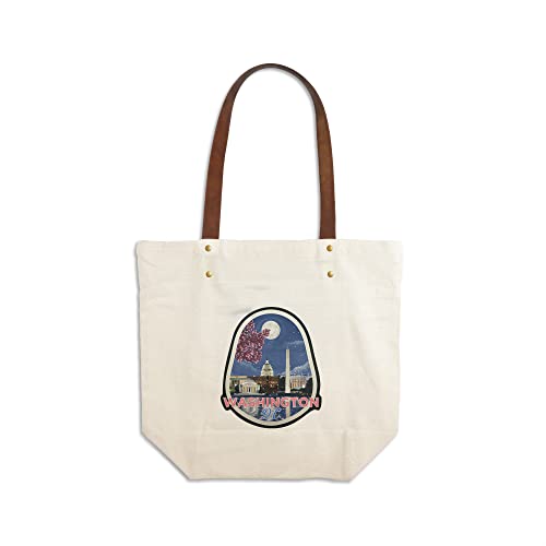 Washington DC, Night Scene, Contour (Canvas Deluxe Tote Bag, Faux Leather Handles & Zip Pocket)