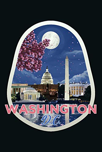 Washington DC, Night Scene, Contour (Canvas Deluxe Tote Bag, Faux Leather Handles & Zip Pocket)