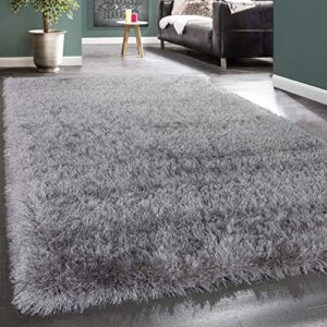 paco home shag rug high pile in grey for bedroom & living room fluffy glossy pastel yarn, size: 4’7″ x 6’7″