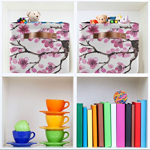 ALAZA Sakura Flowers Storage Basket Rectangle Collapsible Storage Bins With Handles Durable Canvas Toy Basket Organizer Bin For Shelf Closet Bedroom Home Office,Pack 2