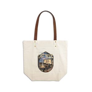 lake tahoe, retro camper and lake, contour (canvas deluxe tote bag, faux leather handles & zip pocket)