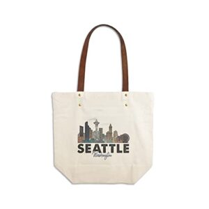 seattle, washington, skyline, icon, contour (canvas deluxe tote bag, faux leather handles & zip pocket)