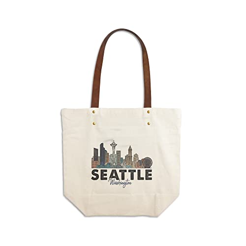 Seattle, Washington, Skyline, Icon, Contour (Canvas Deluxe Tote Bag, Faux Leather Handles & Zip Pocket)