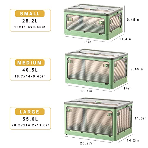 Collapsible Plastic Storage Bins with Lids, Stackable Foldable Lidded Storage Box with Wheels Heavy Duty (small, Green)