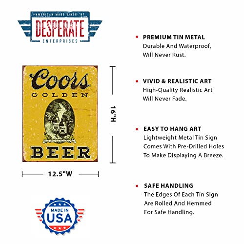 Desperate Enterprises Coors Golden Beer Vintage Tin Sign - Nostalgic Vintage Metal Wall Décor - Made in USA