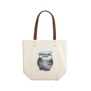 texas hill country, texas, bluebonnets and highway, contour (canvas deluxe tote bag, faux leather handles & zip pocket)