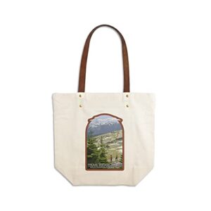 rocky mountain national park, trail ridge road and hikers, contour (canvas deluxe tote bag, faux leather handles & zip pocket)