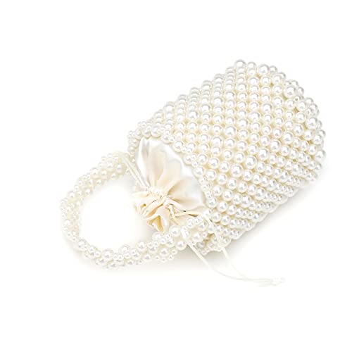 DJBM Women Handmade Beaded Handbag Bucket Handbag Artificial Pearl Clutch Bag for Party Wedding