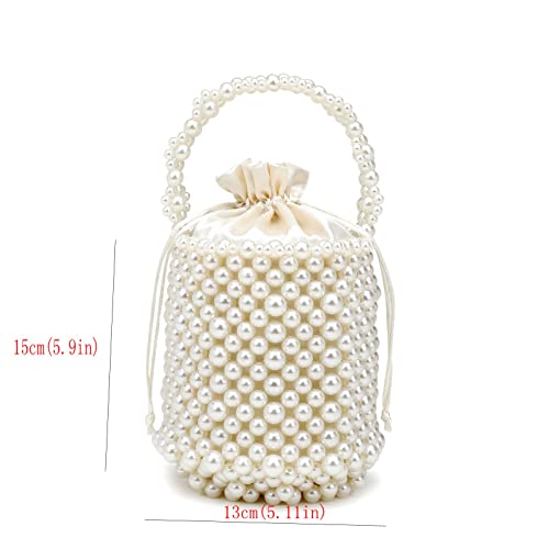 DJBM Women Handmade Beaded Handbag Bucket Handbag Artificial Pearl Clutch Bag for Party Wedding