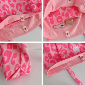 Women's Large Capacity Casual Totes Y2k Aesthetic Pink Leopard Shoulder Bag Cute Canvas Bags Bucket Handbag Office School Bookbag (Pink)
