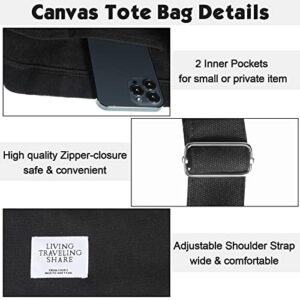 2 Pieces Large Size Canvas Shoulder Bag Casual Crossbody Handbag Travel Shopping Crossbody Bag Wide Strap Hippie Tote Bag (Black, Light Grey)