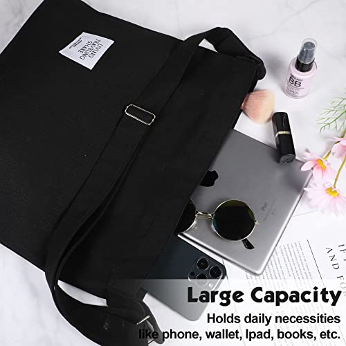2 Pieces Large Size Canvas Shoulder Bag Casual Crossbody Handbag Travel Shopping Crossbody Bag Wide Strap Hippie Tote Bag (Black, Light Grey)