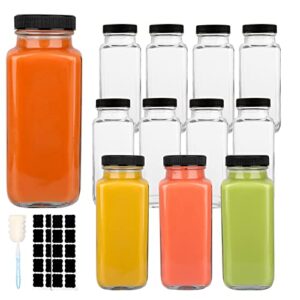 guanena 12 pack glass drink bottles, 8.5 oz vintage square water bottles with lids, juice bottles beverages containers for milk, kombucha, smoothies